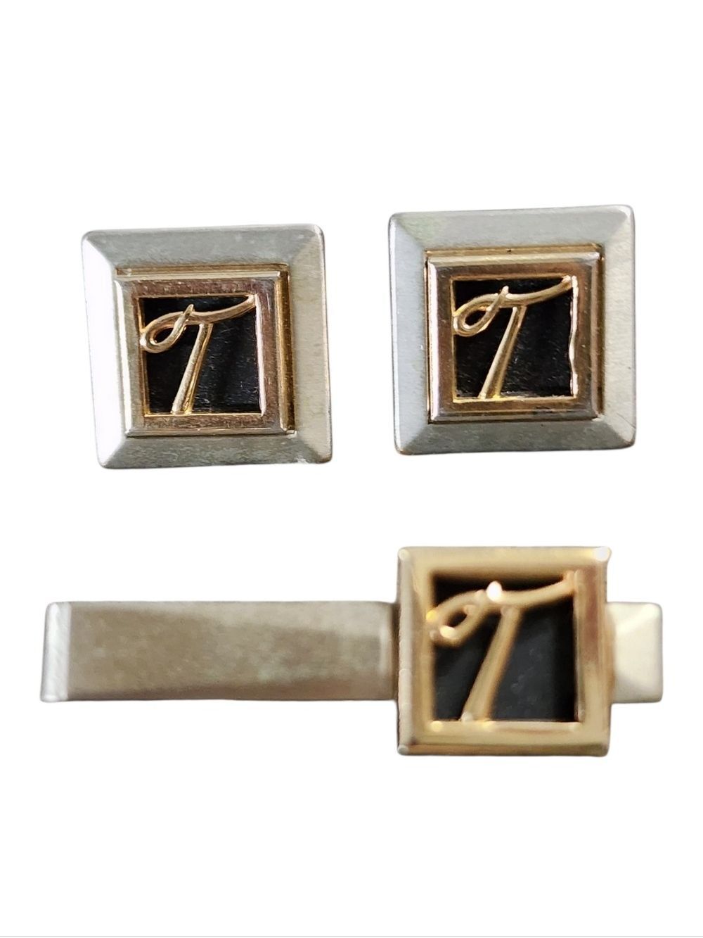 Swank Vintage Gold Pewter Square Initial T Cufflink Tie Clip Set